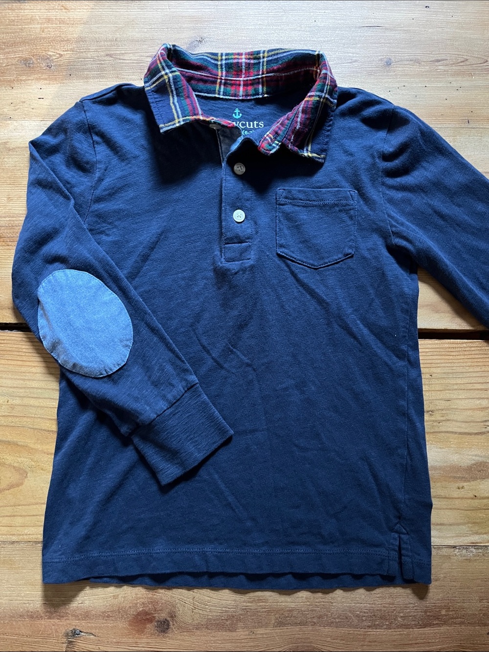 CREWCUTS 6-7 Blue Holiday Plaid Elbow Patch Henley Top